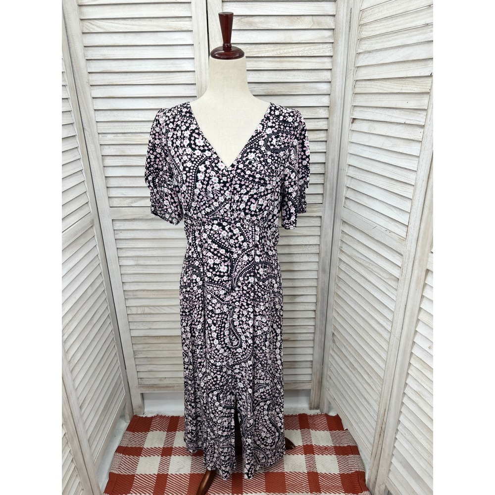 Talbots Midi Dress 10 Black Pink Floral Cottagecore Boho Twee